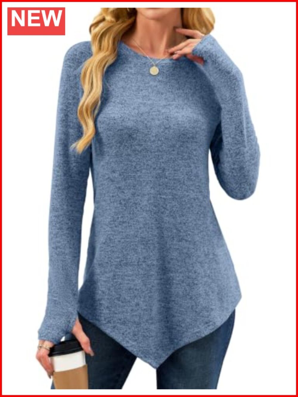 Womens Loose Fit Tunic Top Thumbhole Long Sleeve Crew Neck Asymmetric Hem